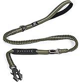 Raipult Tactical Heavy Duty Dog Leash,4-6FT Strong Bungee Dog Leashes with Frog Clip & Car Seatbelt，Reflective Walking Lead with 2 Handles for Medium Large Dogs,Green