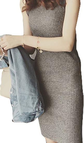 Amazon Co Jp Elpis レディース リブニット ノースリーブ タイト ワンピース オフィス きちんと インナー 無地 ミニ 全7色 グレー フリーサイズ 服 ファッション小物