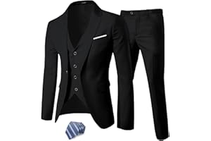 YND Men's Slim Fit 3 Piece Suit, One Button Solid Jacket Vest Pants Set with Tie