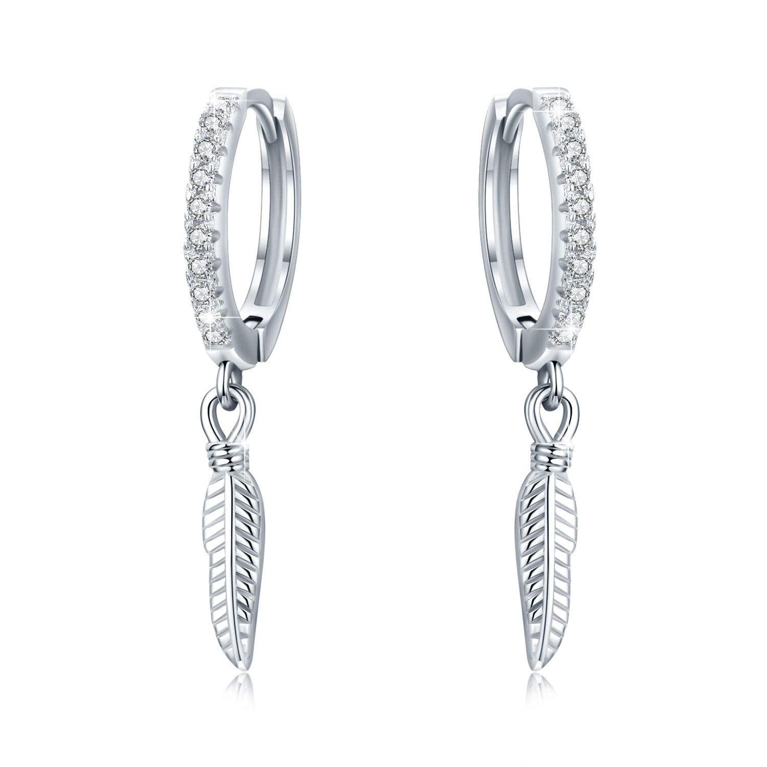 CUOKA MIRACLE Silver Feather Earrings 925 Sterling Silver Small Hoop Earrings for Women Cubic Zirconia Huggie Hinged Dangle Feather for Men