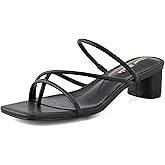 Shoe'N Tale Strappy Heels for Women Chunky Thong Strap Slip On Mules Square Toe Low Kitten Heeled Sandals