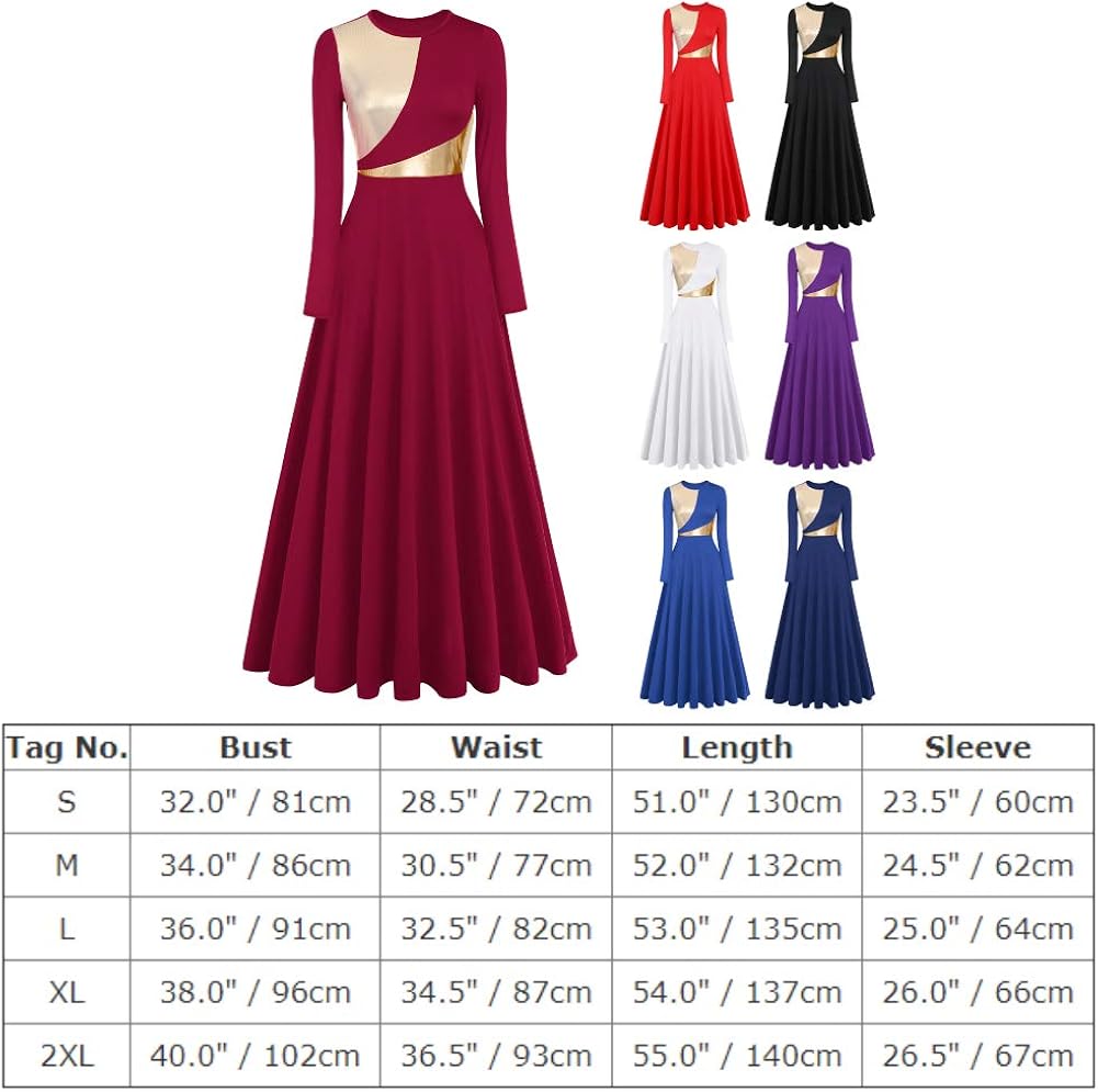 IDOPIP Women Metallic Color Block Praise Full Length Long Sleeve Dance Dress Liturgical Lyrical Dancewear Worship Robe Dress: Clothing