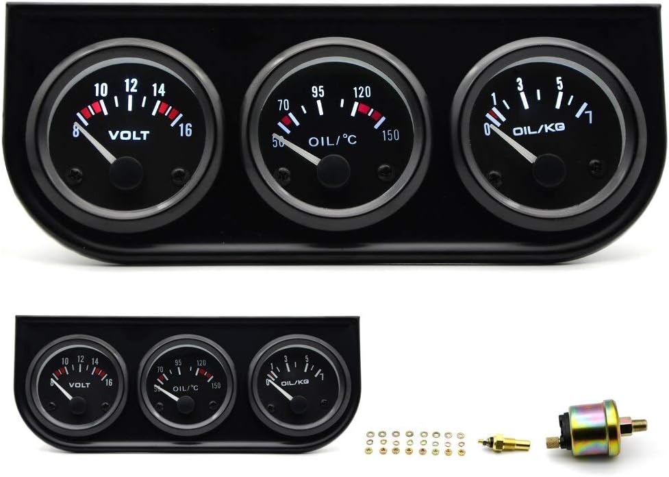 Carvicto - 52mm Oil Pressure Oil Temp Voltage 3 in 1 Gauge Meter Kit Black Bezel Black Face With Temp&Pressure Sensor
