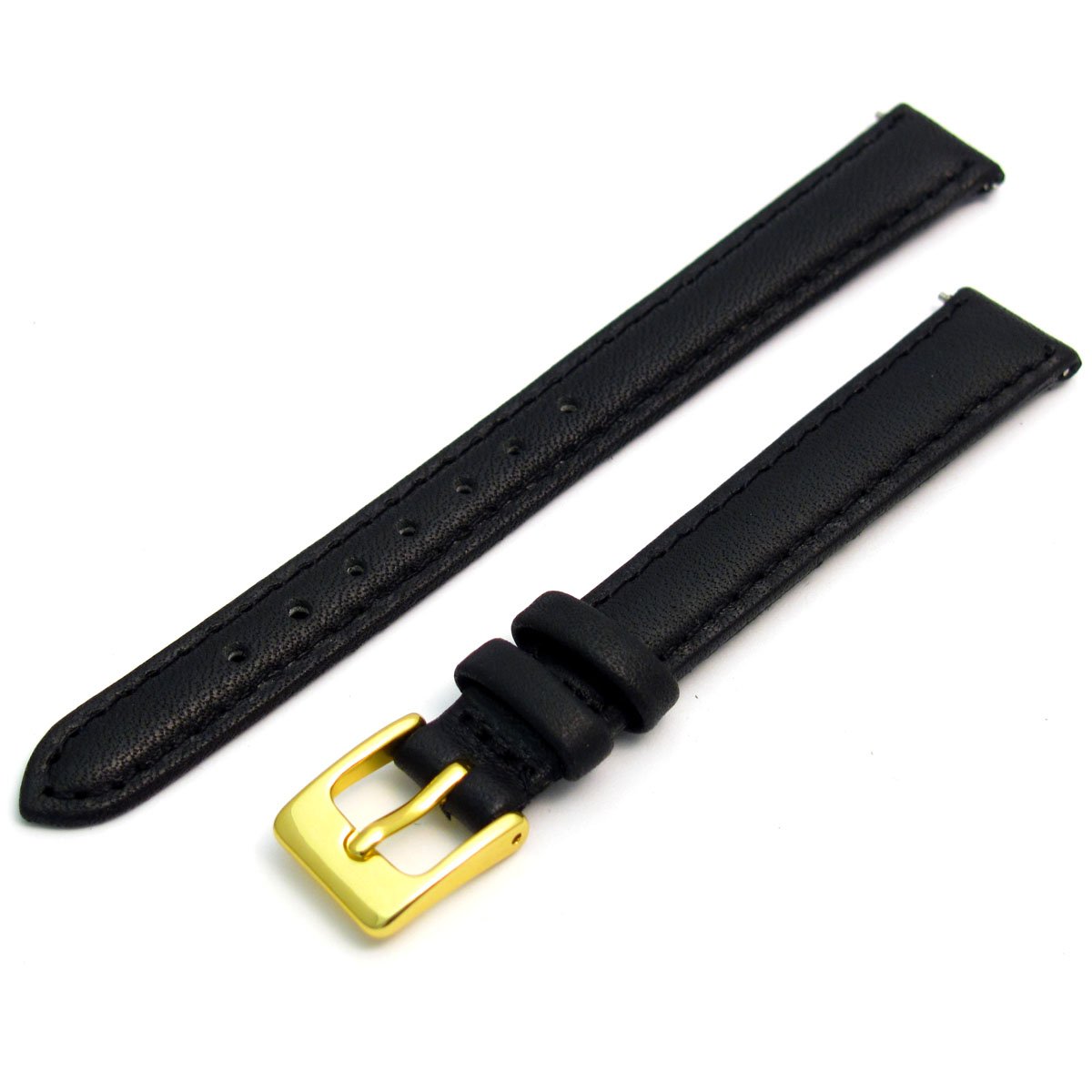 Ladies Soft Genuine Leather Watch Strap Band 12mm, Black, Gilt (Gold Colour) Buckle