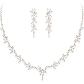 Crysdue Floral Bridal Jewelry for Wedding, Cubic Zirconia Wedding Jewelry Set for Bride Bridesmaid, Elegant Simulated Pearl Cluster Necklace Earrings Set for Wedding Prom Party