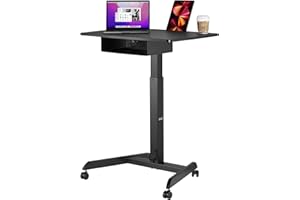 AVLT 44" Height Adjustable Foot Pedal Rolling Desk with Shelf (3 ft 8 inches) - Pneumatic Laptop Standing Desk Cart - Mobile Laptop Cart - Black Computer Projector Cart with Brake Casters