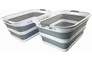 SAMMART 42L (11 Galloons) Collapsible Plastic Laundry Basket - Foldable Pop Up Storage Container/Organizer - Portable Washing Tub - Space Saving Hamper/Basket [BPA Free] (White/Grey (Set of 2))