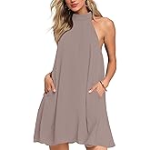 AUSELILY Womens Summer Dress Sleeveless Halter Neck Beach Dress Casual Sundresses with Pockets