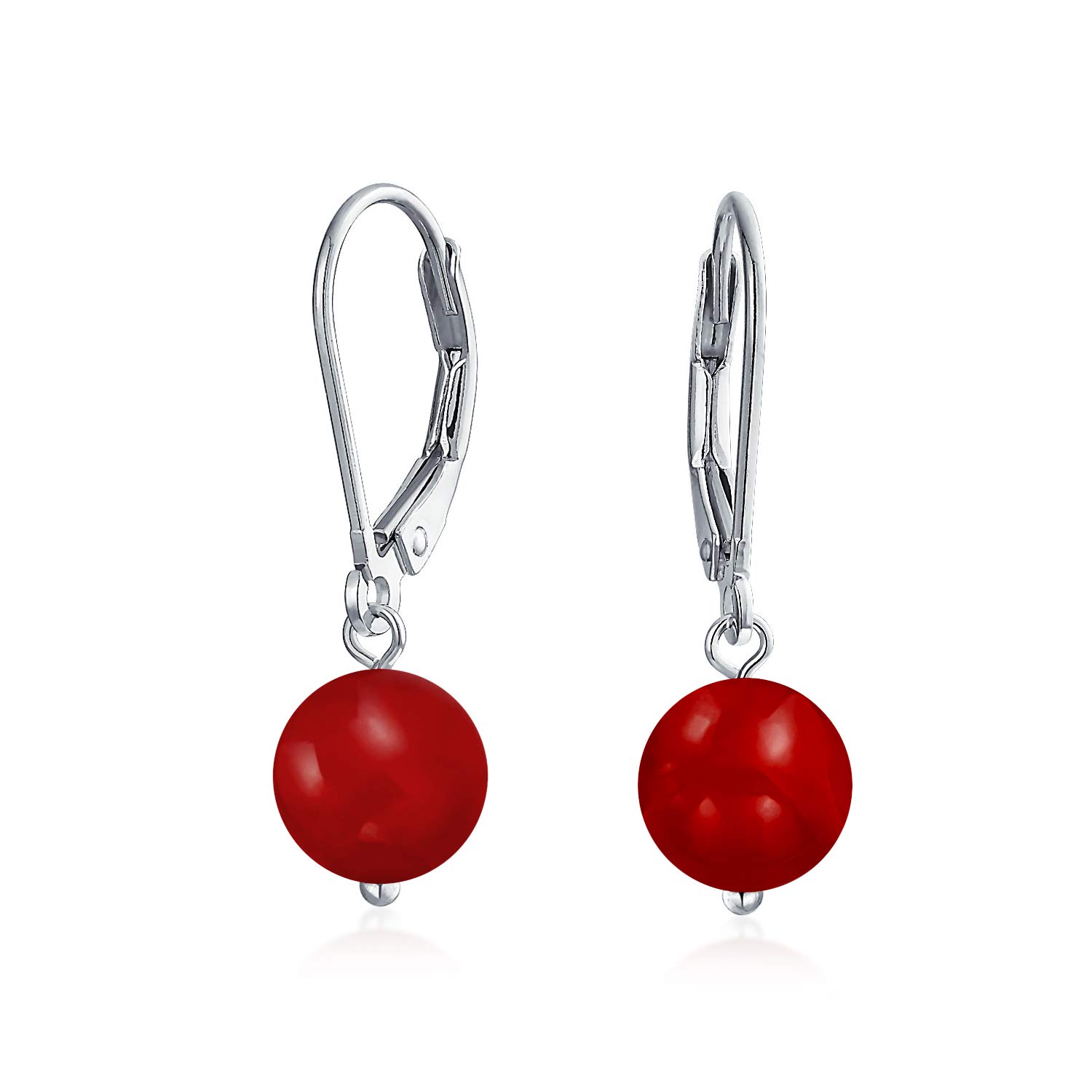 Simple Plain Gemstone Dyed Red Natural Coral Ball Round Drop Dangle Earrings For Women Teen .925 Sterling Silver — image 1