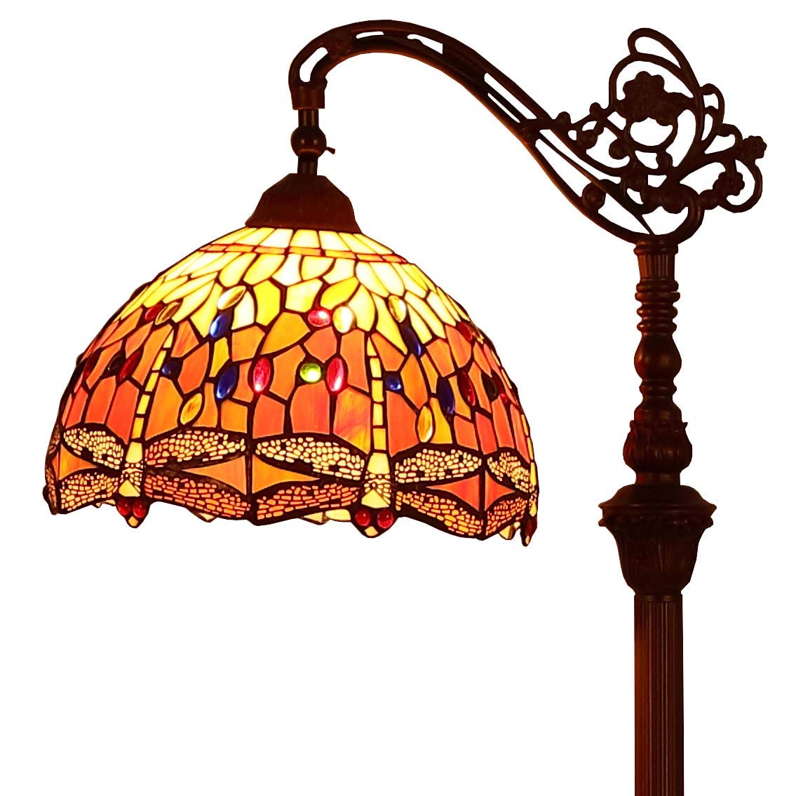 Bieye L30713 Dragonfly Tiffany Style Stained Glass Floor Reading Lamp with 12 inches Wide Handmade Lamp Shade Metal Base for Living Room Bedroom, 62 inches Tall, Orange