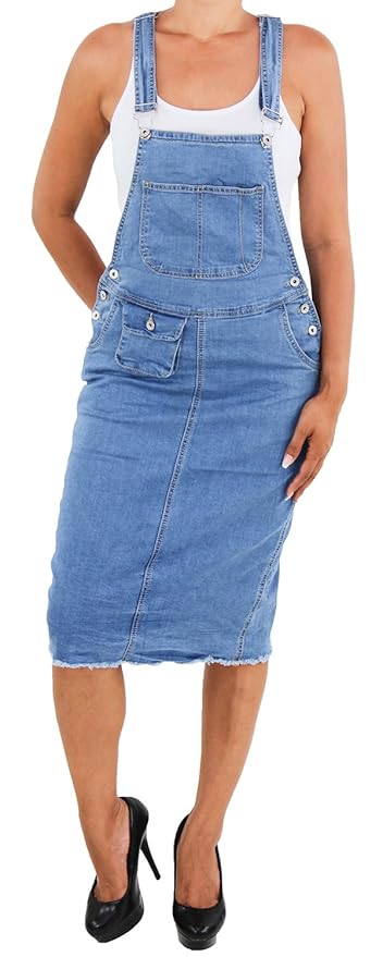 Damen Jeans Latzrock Jeansrock Midi Rock Jeanskleid Träger Latz Stretch Blau