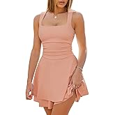 Fixmatti Women's Romper Square Neck Ruched Waist Ruffle Hem Mini Shorts Jumpsuit Outfits