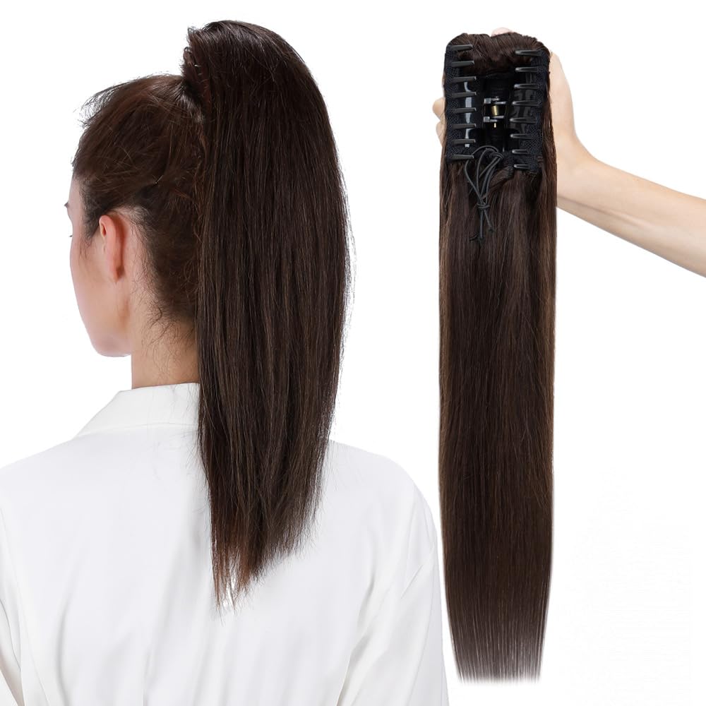 Photo 1 of MY-LADY Ponytail Extension Human Hair Claw Clip in Ponytail Hair Extension Long Straight Pony Tail Hair Extensions Real Human Hair for Women Dark Brown 14 Inch 105g