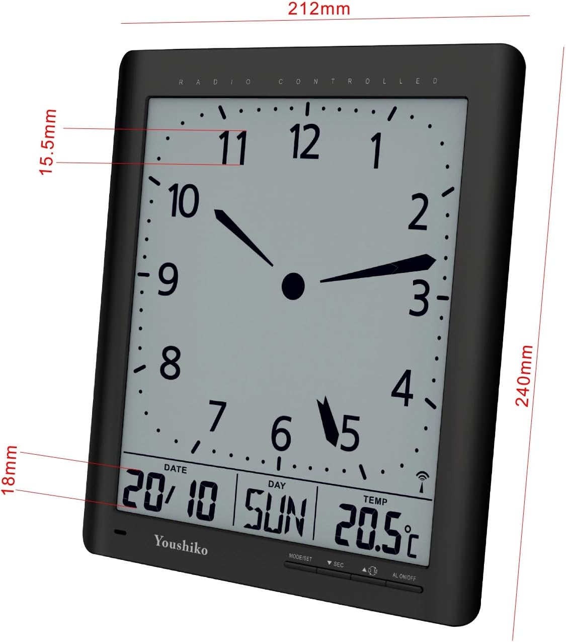 Youshiko Radio Control (UK & Ireland Version/Premium Quality/Clear Display) Digital Analog Style Silent Wall Clock - Image 5