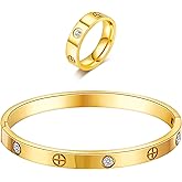 18K Gold Plated Friendship Love Bracelet with Ring Jewelry Set for Women Stainless Steel Cuff Oval Bangle Simple Hinged Cubic Zirconia Stones Bangle Cuff Best Gifts for Mother's Day Valentine's Day Wedding Couples and Birthdays