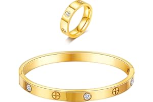 SFLOEMM 18K Gold Plated Friendship Love Bracelet with Ring Jewelry Set for Women Stainless Steel Cuff Oval Bangle Simple Hinged Cubic Zirconia Stones Bangle Cuff Best Gifts for Mother's Day Valentine's Day Wedding Couples and Birthdays