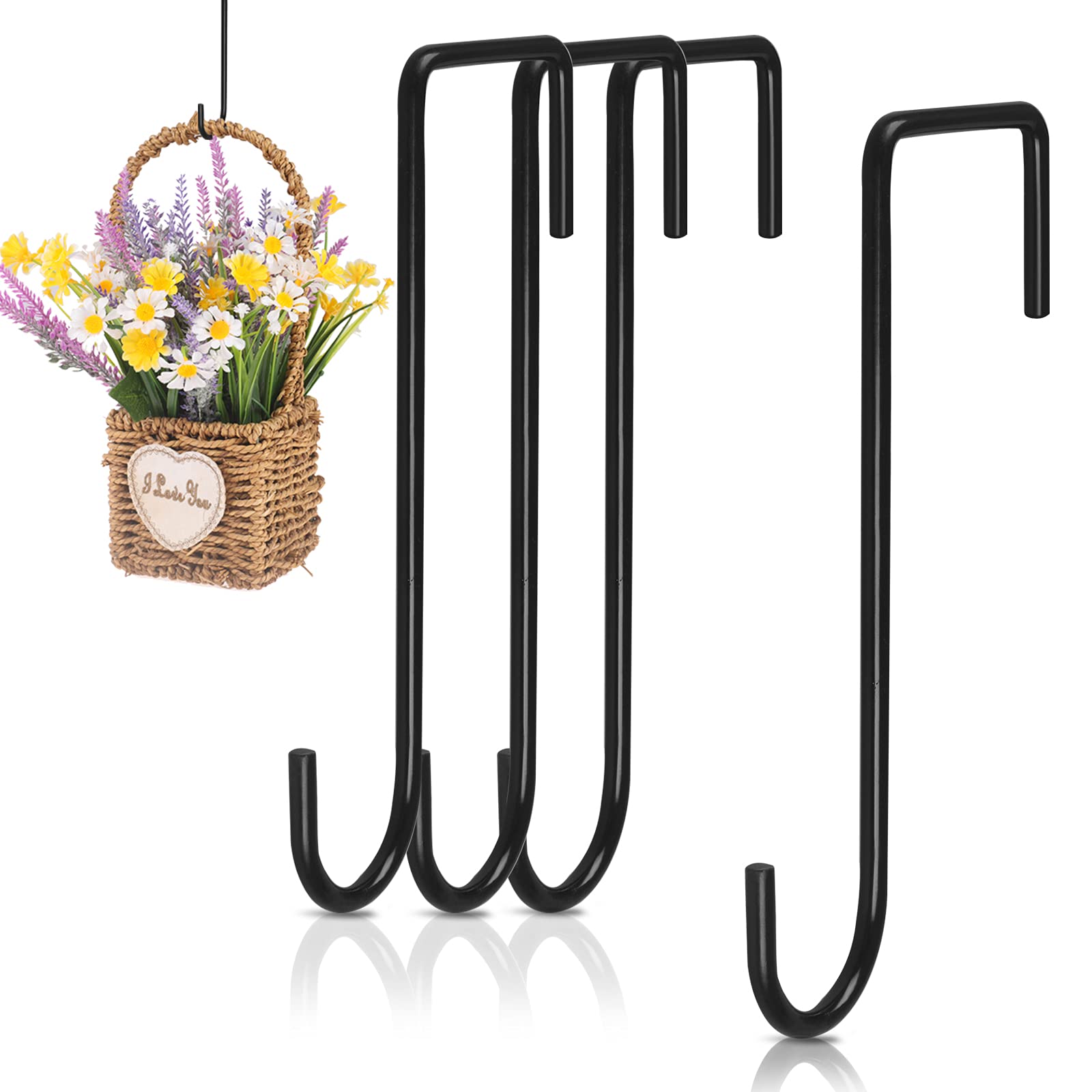 funvce Hanging Basket Brackets 4pcs Black Fence Hooks Heavy Duty Steel Wall Plant Hangers for Indoor Outdoor Hanging Lantern, Bird Feeder, Bags, Wind Chimes, Garden Decoration
