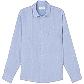 Derek Rose Mens Long Sleeve Casual Linen Shirt, Monaco 1 Blue