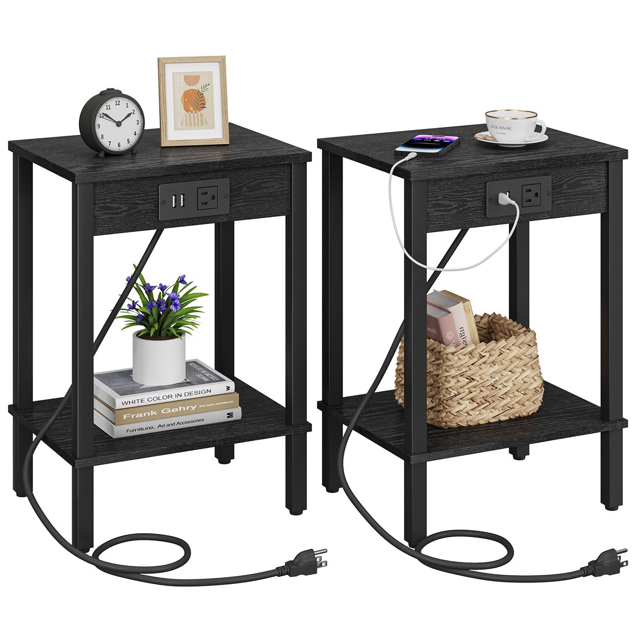Photo 1 of VIMBER Set of 2 End Table with Charging Station, Narrow Side Table with USB Ports and Outlets, Nightstands with 2-Tier Storage Shelves, Sofa Table for Small Space Living Room Bedroom