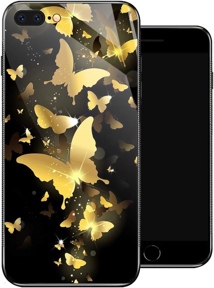 ZHEGAILIAN iPhone 8 Case, Golden Butterflies Flying iPhone 7 Cases for Girls,Tempered Glass Pattern Design Back Cover [Shock Absorption] Soft TPU Bumper Frame Support Case for iPhone 7/8 Shine