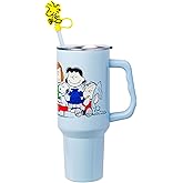 Silver Buffalo Peanuts Gang Charlie Brown, Snoopy, Woodstock, Lucy, Sally, Linus, Double Walled Stainless Steel Tumbler with Handle, Straw, and Straw Cap, Fits in Standard Cup Holder, 40 Ounces