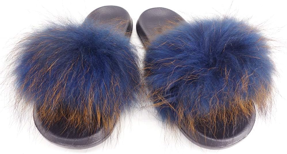 Womens Winter Luxury Real Raccon Fur Slippers Slides Indoor Outdoor Flat Soles Soft Slip On Shoes