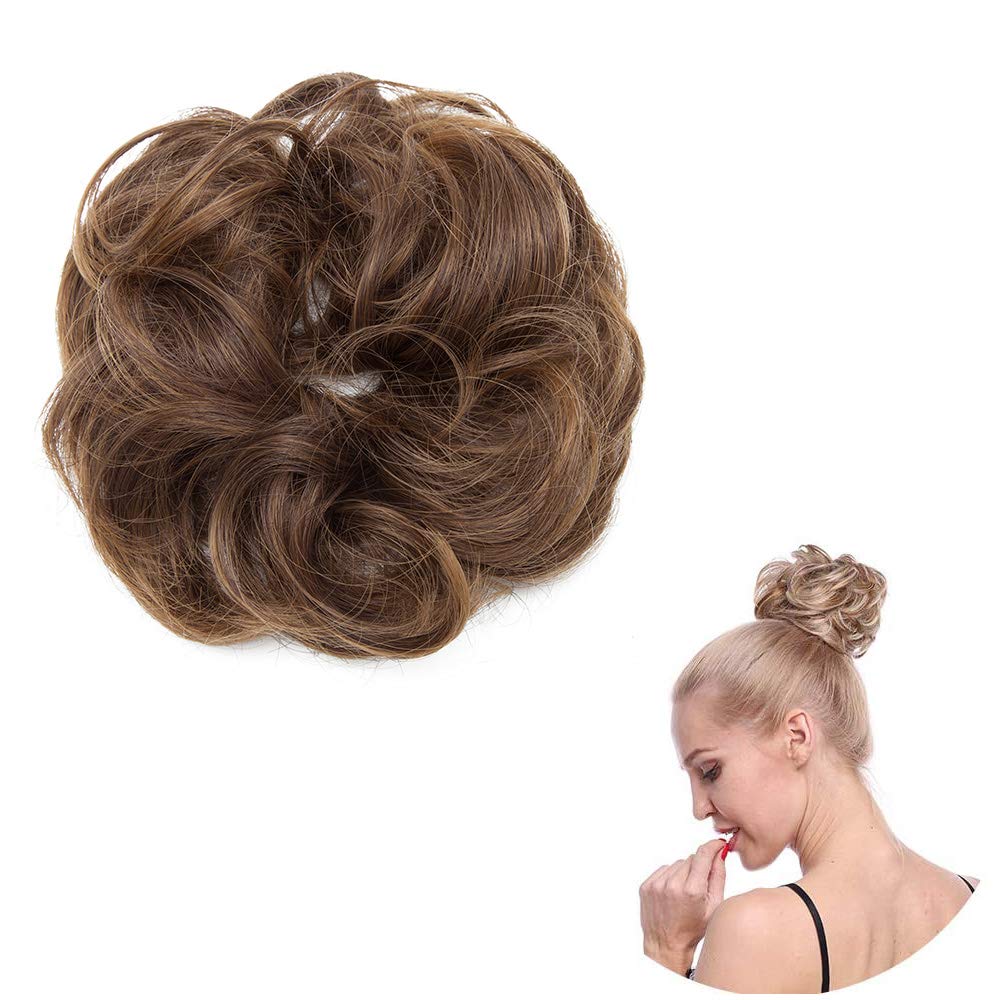Messy Updo Hairpiece Scrunchy Scrunchie Hair Bun Extension [Light Brown & Coffee Brown] Curly Hair Ribbon Ponytail Extensin Donut Hair Chignons