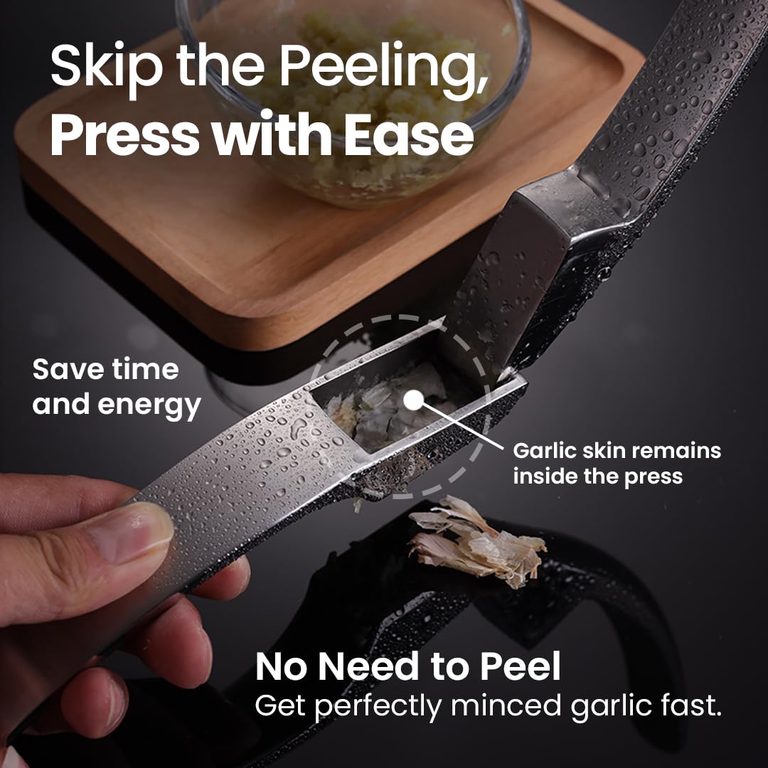 No Peeling Required Garlic Press Stainless Steel with Two Detachable Handles for Coarse&Fine Mincing-Premium Garlic Mincer Tool, Easy to Clean, Dishwasher Safe Garlic Crusher with Lifetime Replacement