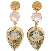 LND Real Flower Teardrop Earrings, Gold-Tone, Transparent Crystal and Pressed Floral Design, 2 Inch Stud