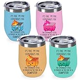 4PCS 12 oz Insulated Wine Tumbler with Lid, Funny Dumpster in Fire Stainless Steel Travel Tumbler Cups, Stemless Double Wall Vacuum Travel Mug for Coffee Wine Cocktail, Novelty Gifts for Women