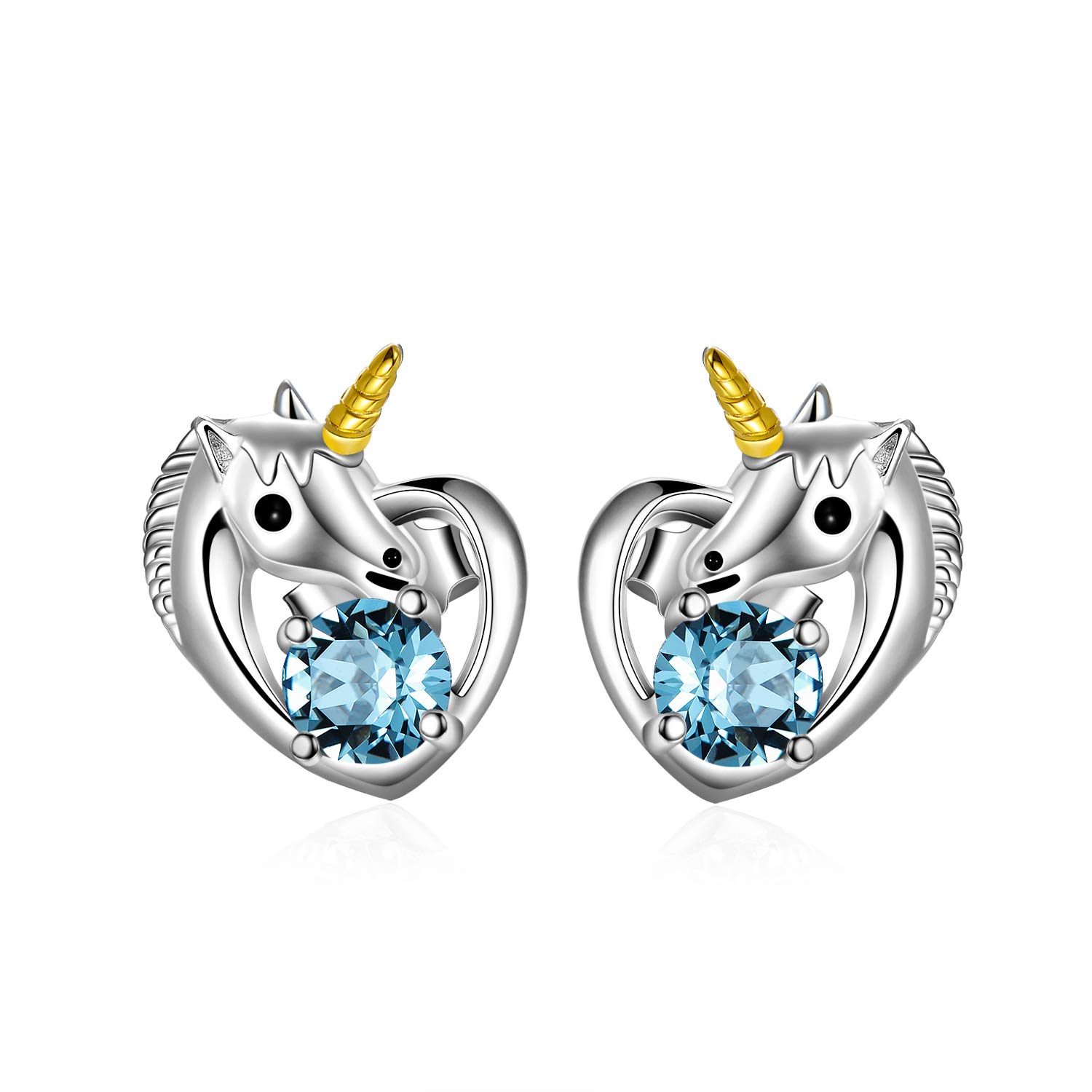 AOBOCO 925 Sterling Silver Unicorn Earrings for Girls Women Cute Crystal Heart Studs Gifts for Daughter