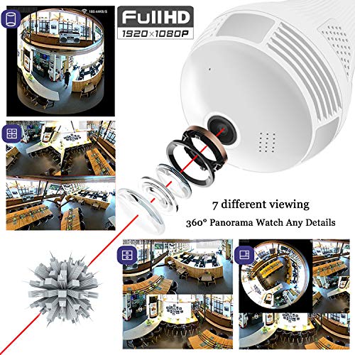 Wireless 1080P Bulb Camera WiFi Home Security Surveillance 360° Fisheye Lens Panoramic with Two Way Talking, Motion Detection (32G)
