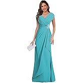 FUMY Cap Sleeves V Neck Mother of The Bride Dresses for Women Pleated Chiffon Wedding Guest Dress FM008