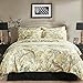 Eikei Chinoiserie Chic Peacock Floral Duvet Cover Paradise Garden Botanical Bird and Tree Branches Vintage Stylized Long Staple Cotton 3pc Bedding Set (Queen, Yellow)