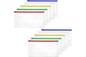Dimeho 10 Pack Plastic Zip Envelope A6 Size Zipper Pouch with Label Pocket Assorted Clear Pencil Case Waterproof Transparent Cash Envelopes for Office Lottery Ticket