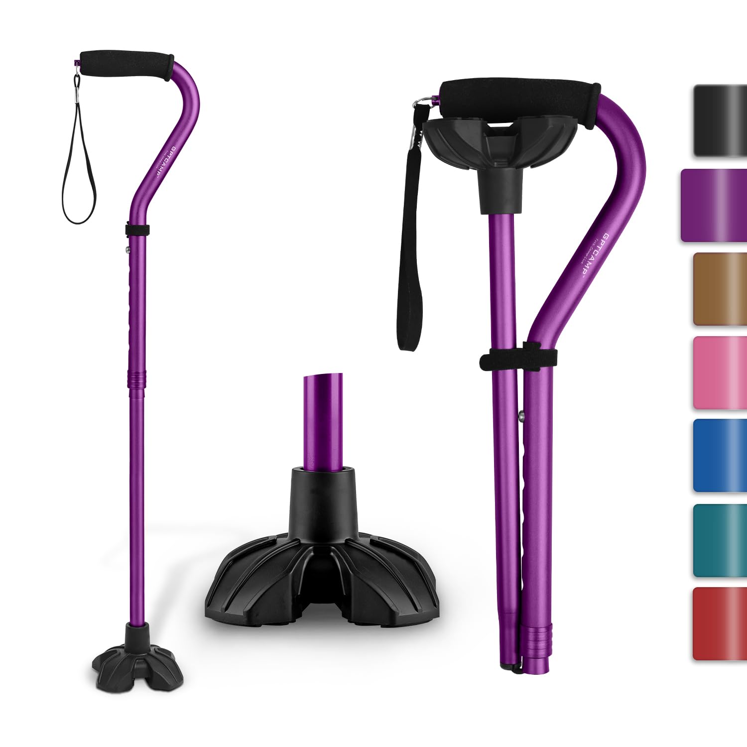 GPTCAMP G1 Walking Stick, Walking Cane for Women & Men with Wrist Strap, Lightweight & Sturdy Offset EVA Handle, Large Quad Base, Self Standing for Seniors and People with Injuries & Recovery