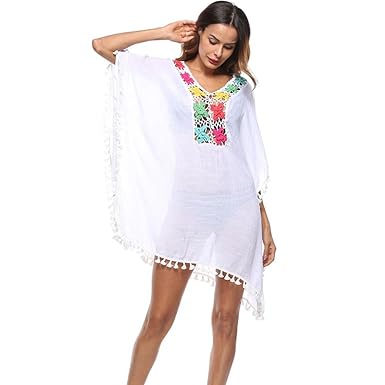 Yogogo Femmes Manches Courtes Gland Maillot De Bain Sarong Robe De Plage Cover Up Boheme Chic Tunique Chemise Hippie Mini Loose Robe Hauts
