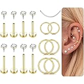14K Gold Plated Cartilage Earrings Set - 18G 16G Flat Back Earrings Hypoallergenic Surgical Steel Nose Studs Hoops Internal Thread CZ Studs for Cartilage Conch Tragus Helix Piercing Jewelry