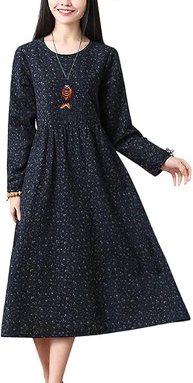Amazon リザウンド レディース ワンピース 長袖 花柄 ひざ下丈 Aライン 切り替え 春服 夏服 秋服 冬服 可愛い 可愛い かわいい ワンピ 綿 素材 ラウンドネック Uネック お呼ばれ 上品 エレガント 素敵 ステキ 爽やか さわやか ロング 長い サイズ