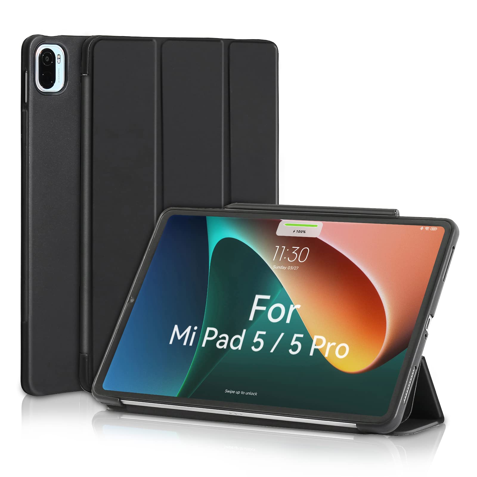 MuyDoux Case for Xiaomi Mi Pad 5/5 Pro 11 inch 2021, Smooth Front Lid & Soft Back Cover, Auto Wake/Sleep, Tri-Fold Slim Lightweight Cover for Xiaomi Mi Pad 5 / Mi Pad 5 Pro 5G, Black
