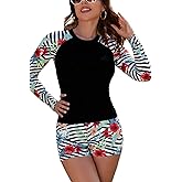 SHEKINI Women 2 Piece Rash Guard Long Sleeve Swimsuits with Built in Bra Swim Shirt Bathing Suit with Boyshort