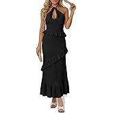 Wenrine Womens Sexy Halter Maxi Dress Cutout Sleeveless Ruffle Tassel Backless Party Club Summer Dresses