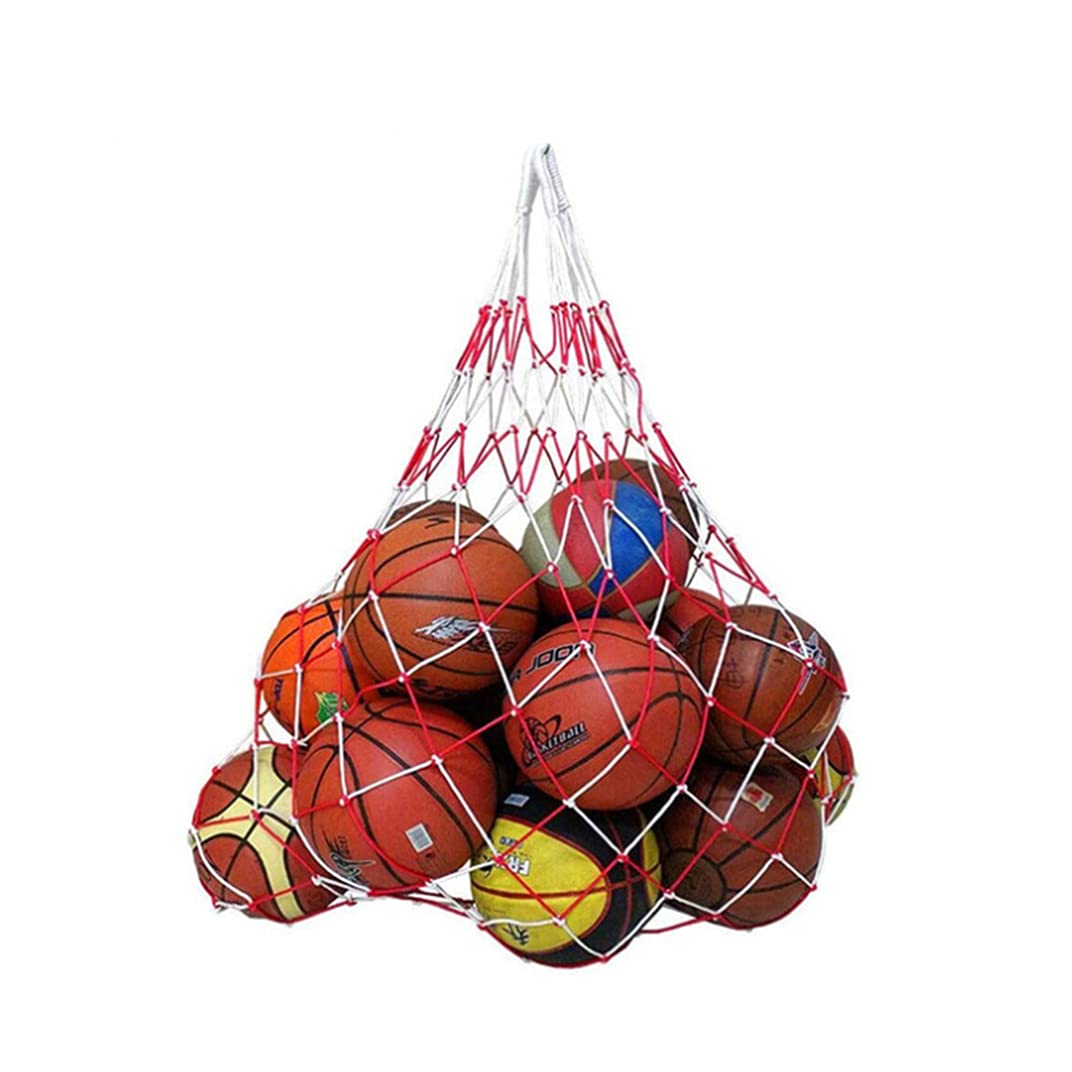 VOANZO White Red Large Basketball Storage Bag Football Soccer Sports Ball Mesh Net polypropylene fiber Bag Large Size Ball Carry Bag Durable Portable Gym Toy Ball Bags Holds 15 Balls