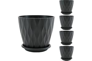 BlesConi Modern Flower Plant Pots 6 Inch Decorative Planters with Drainage Holes Saucer Tray for Indoor Garden Set of 5(Black