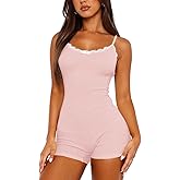 Lacozy Sexy One Piece Pajamas for Women Lightweight Lace Trim Cute Pjs U Neck Sleeveless Short Romper Onesie Sleepwear
