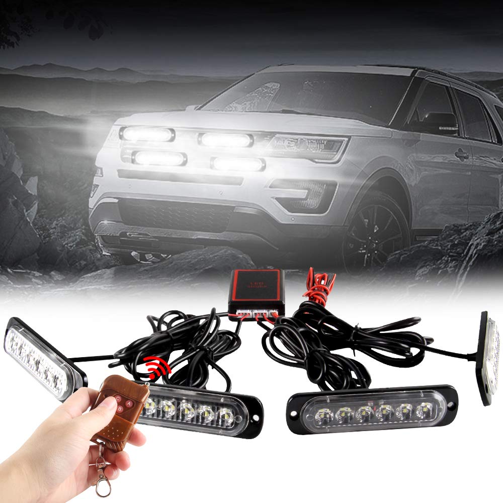 Teguangmei 4x6 LED Car Emergency Strobe Flashing Beacon Lights 4 in 1 Surface Mount Grill Light Warning External Light with Wireless Remote for Vehicle Truck Trailer Van DC12V White