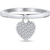 Bling Jewelry Personalized Dangle Charm CZ Heart Pad Lock Ring For Women Girlfriend .925 Sterling Silver Polished 1MM Band