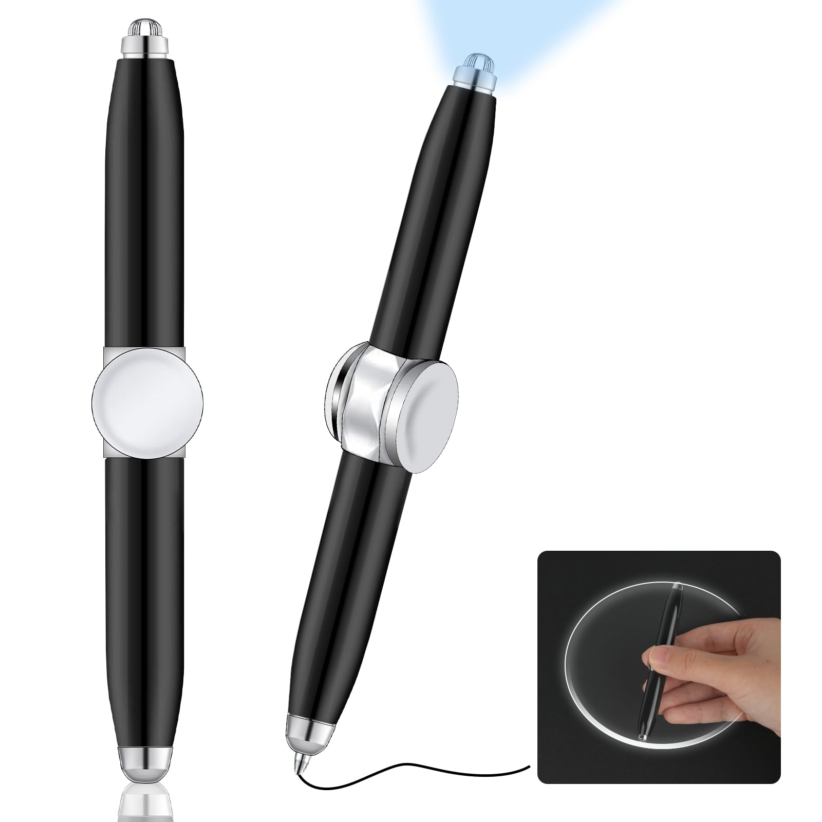AUAUY 2 PCS Fidget Pen with LED Light, Multi-functional Spinning Pen Help Thinking & Relieve Stress Fidget Ballpoint Pen, Rotating Anti Stress Anxiety Gift Pen for Business Adults Students Kids-Black