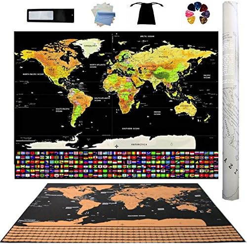 Scratch Off World Map Poster + Card Magnifier - Detailed Map with US States and all Country Flags. Map is Included With Scratch Pick &amp; Clean up Cloth Large 32x24 Inches, Perfect Gift for Travelers