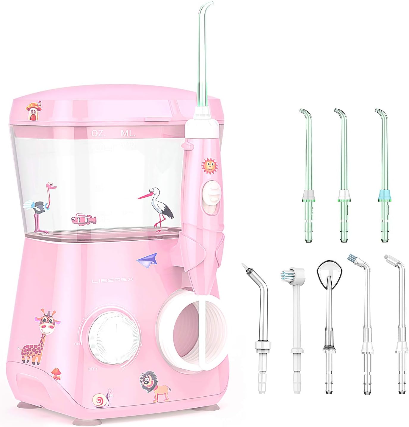 Liberex Water Flosser for Kids - 600ML Oral Irrigator Dental Flosser for Teeth/Braces, 8 Dental Nozzle Jets, 3 Min Timer, 10 Pressure Levels, IP X7 Waterproof Anti Leakage Water Pick Cleaner (Pink)